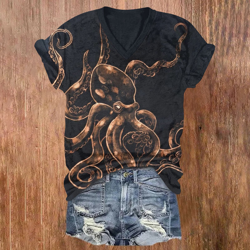 Ocean Octopus Spray Art Pattern Print Short Sleeved V-neck T-shirt - Black - US32-34(5XL) - image 1