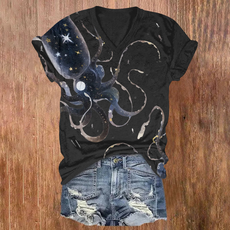Ocean Starry Sky Squid King Pattern Print Short Sleeved V-Neck T-Shirt - Black - US32-34(5XL) - image 2