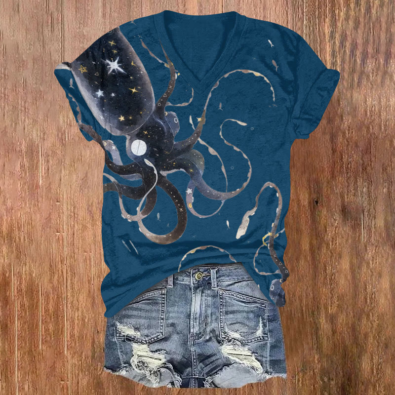 Ocean Starry Sky Squid King Pattern Print Short Sleeved V-Neck T-Shirt - Blue - US32-34(5XL) - image 1
