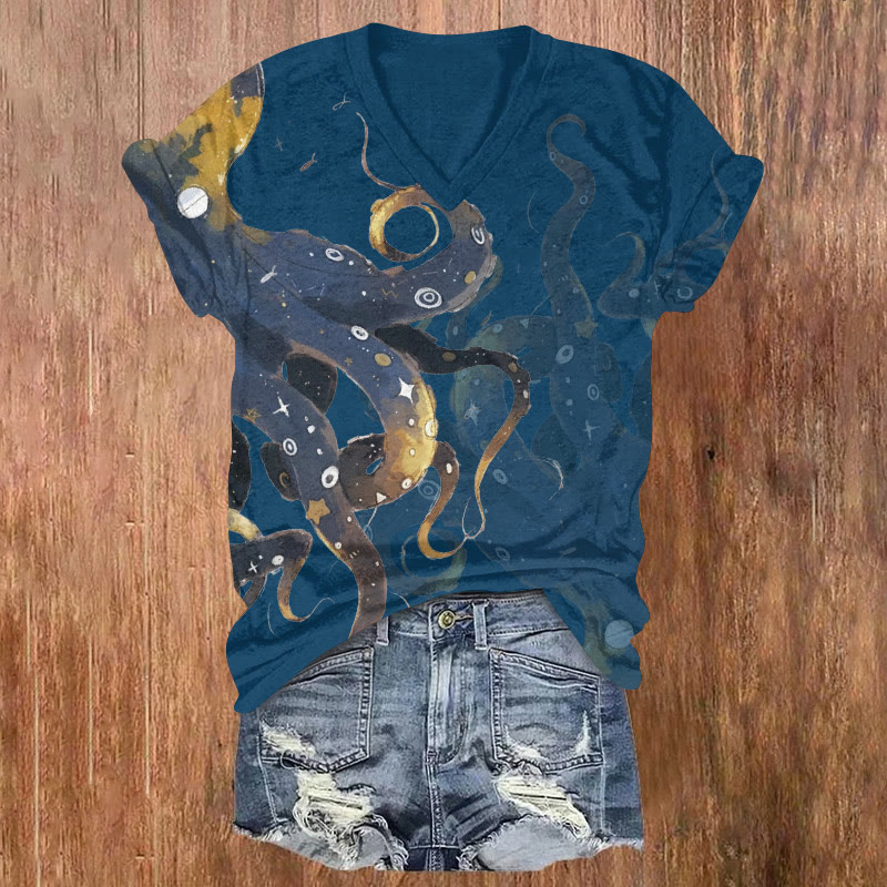 Ocean Starry Sky Octopus Pattern Print Short Sleeved V-neck T-shirt - Blue - US32-34(5XL) - image 2
