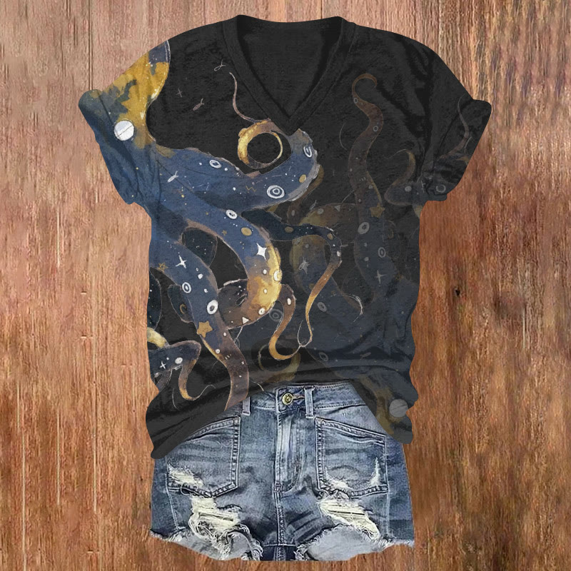 Ocean Starry Sky Octopus Pattern Print Short Sleeved V-neck T-shirt - Black - US32-34(5XL) - image 1