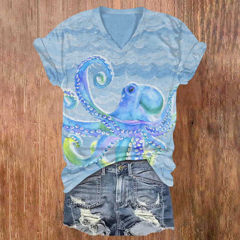 Ocean Ripple Watercolor Octopus Pattern Print Short Sleeved V-neck T-shirt - Light Blue - US32-34(5XL) - image 1