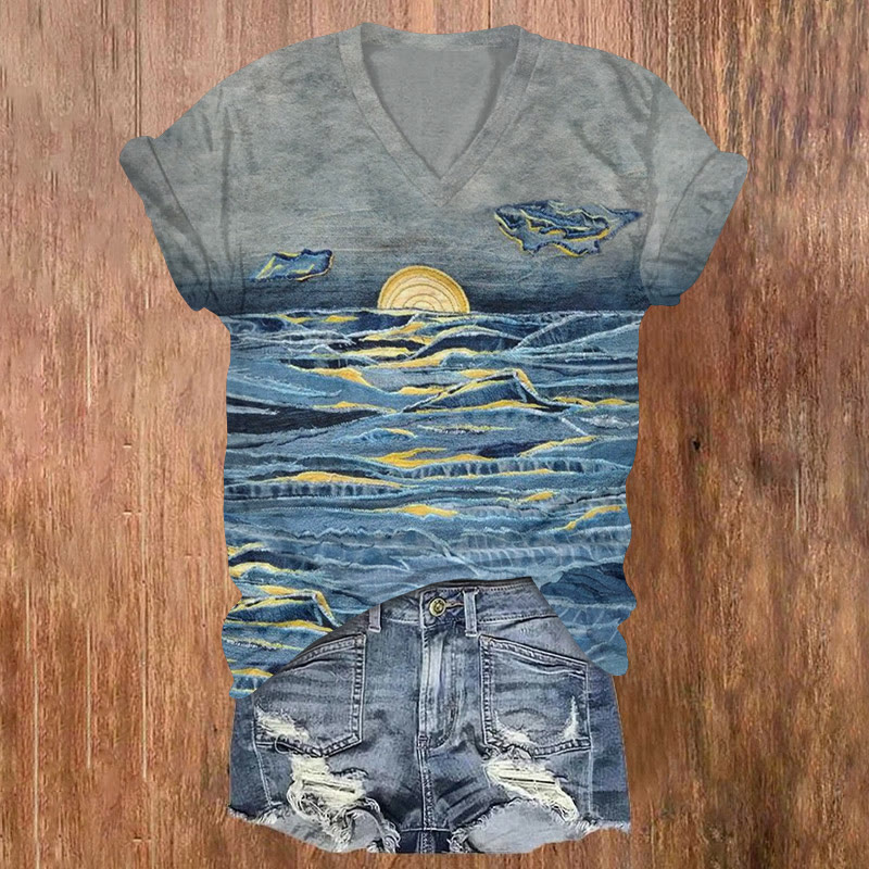 Ocean Sunrise Clip Art Texture Pattern Print Short Sleeved V-neck T-shirt - Blue - US32-34(5XL) - image 1