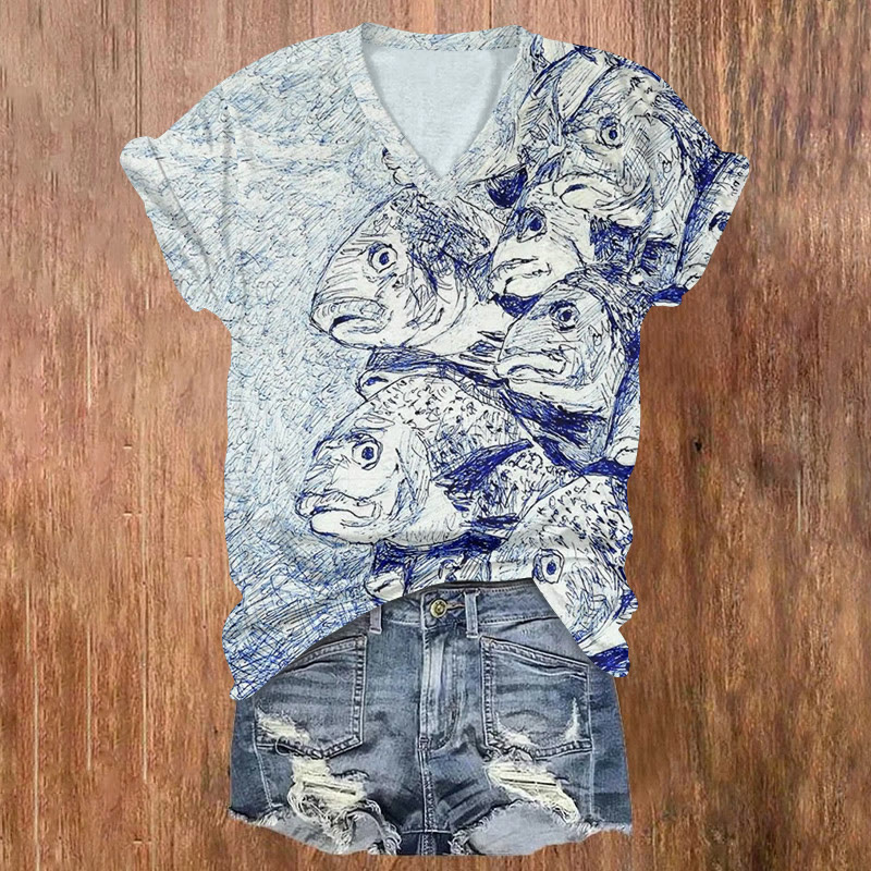 Tropical Fish Ballpoint Pen Sketch Pattern Print Short Sleeved V-neck T-shirt - Blue - US32-34(5XL) - image 1