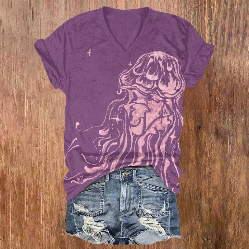 Crayon Octopus Hand-drawn Texture Pattern Print Short Sleeved V-neck T-shirt - Purple - US32-34(5XL) - image 2