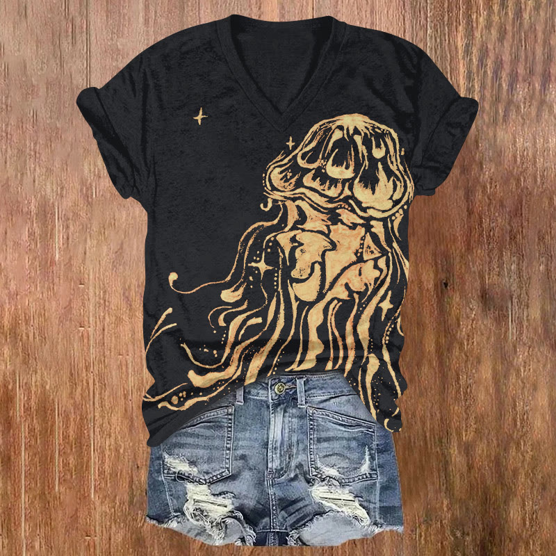 Crayon Octopus Hand-drawn Texture Pattern Print Short Sleeved V-neck T-shirt - Black - US32-34(5XL) - image 1