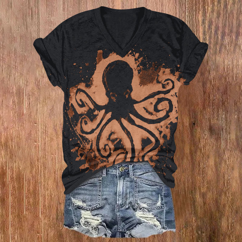 Ocean Octopus Spray Painting Art Texture Pattern Print Short Sleeved V-neck T-shirt - Black - US32-34(5XL) - image 2