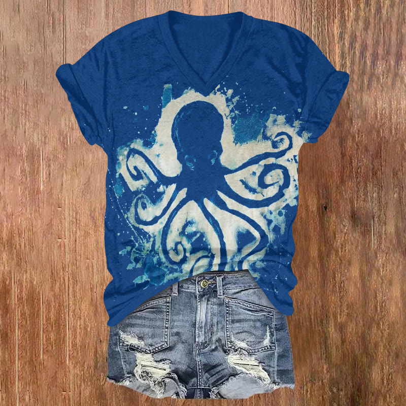 Ocean Octopus Spray Painting Art Texture Pattern Print Short Sleeved V-neck T-shirt - Blue - US32-34(5XL) - image 1