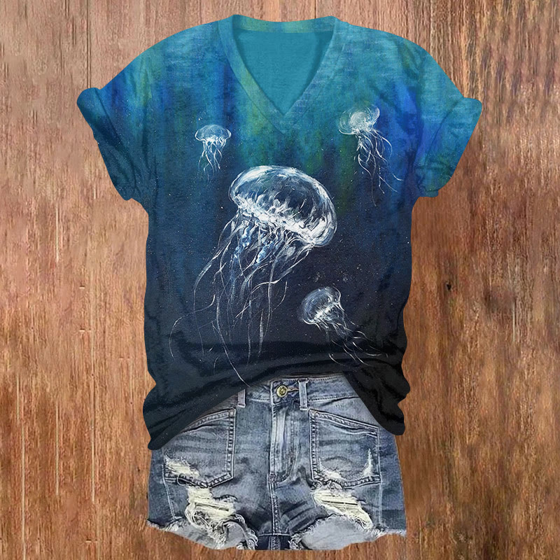Jellyfish Oil Painting Gradient Texture Pattern Print Short Sleeved V-neck T-shirt - Dark Blue - US32-34(5XL) - image 1