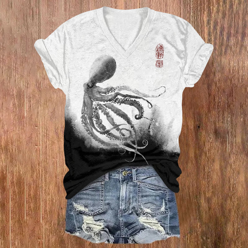 Japanese Ink Wash Octopus Pattern Print Short Sleeved V-neck T-shirt - White - US32-34(5XL) - image 1