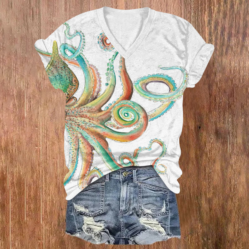 Watercolor Octopus Tentacles Pattern Print Short Sleeved V-neck T-shirt - White - US32-34(5XL) - image 1