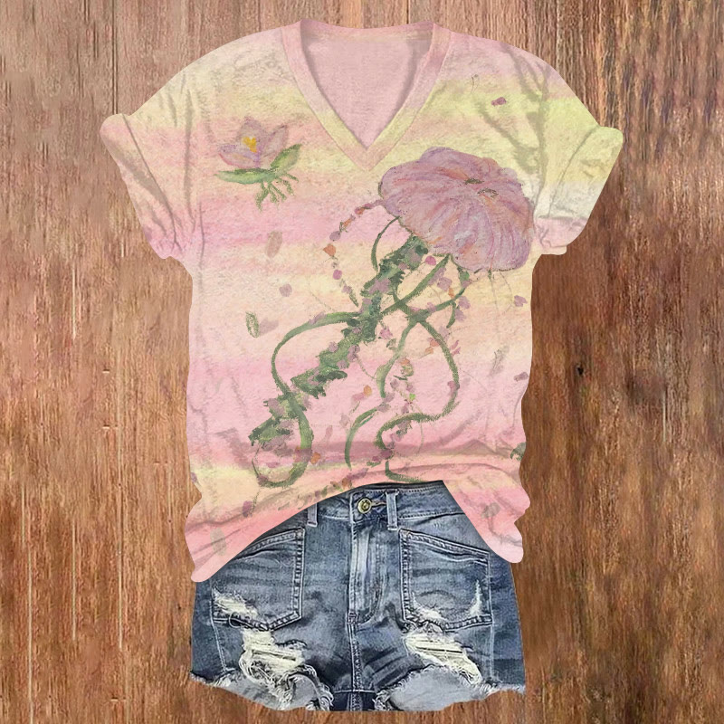 Ocean Gradient Watercolor Flowers Jellyfish Pattern Print Short Sleeved V-neck T-shirt - Pink - US32-34(5XL) - image 1