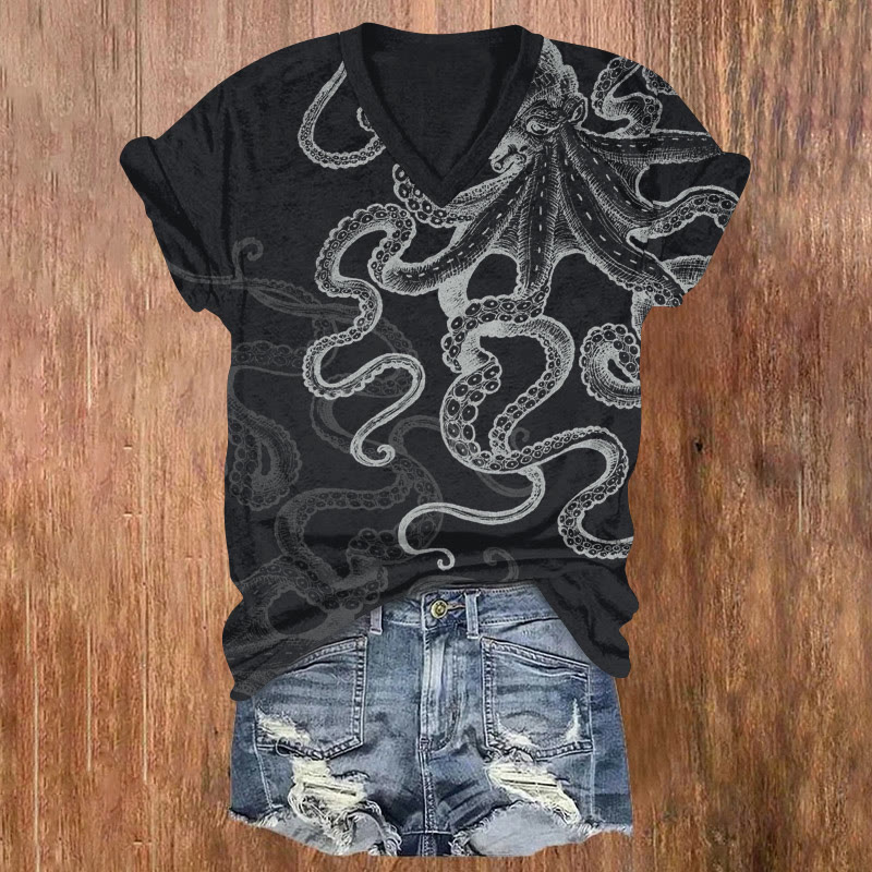Ocean Octopus Sketch Art Pattern Print Short Sleeved V-neck T-shirt - Black - US32-34(5XL) - image 2