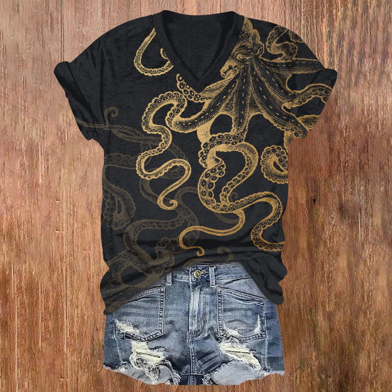 Ocean Octopus Sketch Art Pattern Print Short Sleeved V-neck T-shirt - Golden - US32-34(5XL) - image 1
