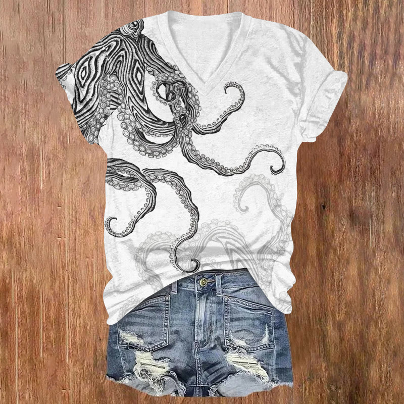 Ocean Striped Octopus Sketch Art Pattern Print Short Sleeved V-neck T-shirt - White - US32-34(5XL) - image 2