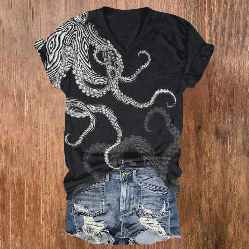 Ocean Striped Octopus Sketch Art Pattern Print Short Sleeved V-neck T-shirt - Black - US32-34(5XL) - image 1