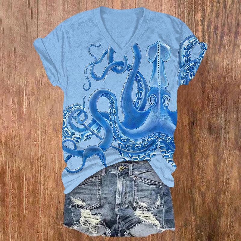 Ocean Octopus Art Art Pattern Print Short Sleeved V-neck T-shirt - Blue - US32-34(5XL) - image 2