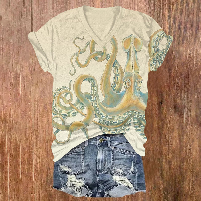 Ocean Octopus Art Art Pattern Print Short Sleeved V-neck T-shirt - Apricot - US32-34(5XL) - image 1