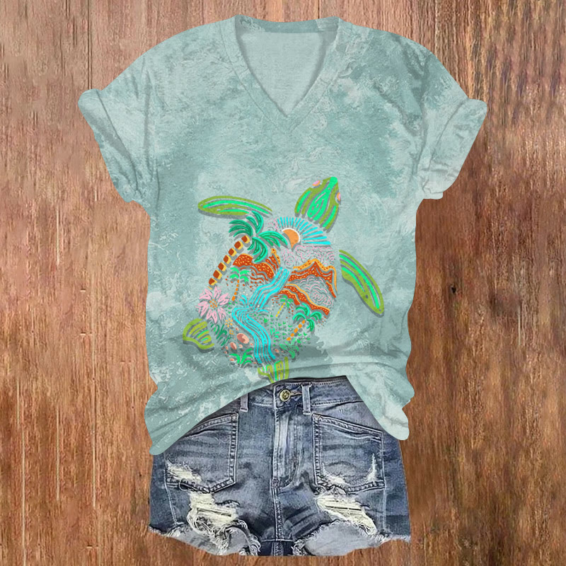 Tropical Marine Imprinted Sea Turtle Pattern Print Short Sleeved V-neck T-shirt - Light Green - US32-34(5XL) - image 1