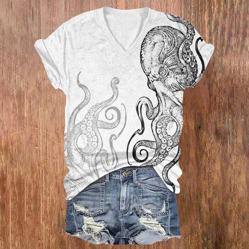 Sketch Ocean Octopus Pattern Print Short Sleeved V-neck T-shirt - White - US32-34(5XL) - image 2