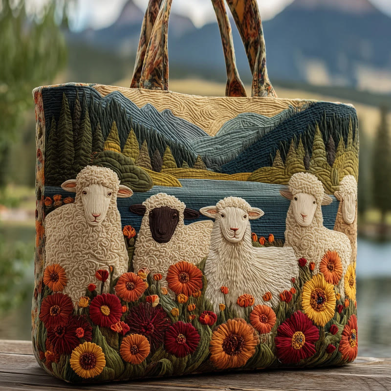 Hippie Mountains Sheep And Wildflowers Pattern Quilted Tote Bag - Multicolor - one size - image 1