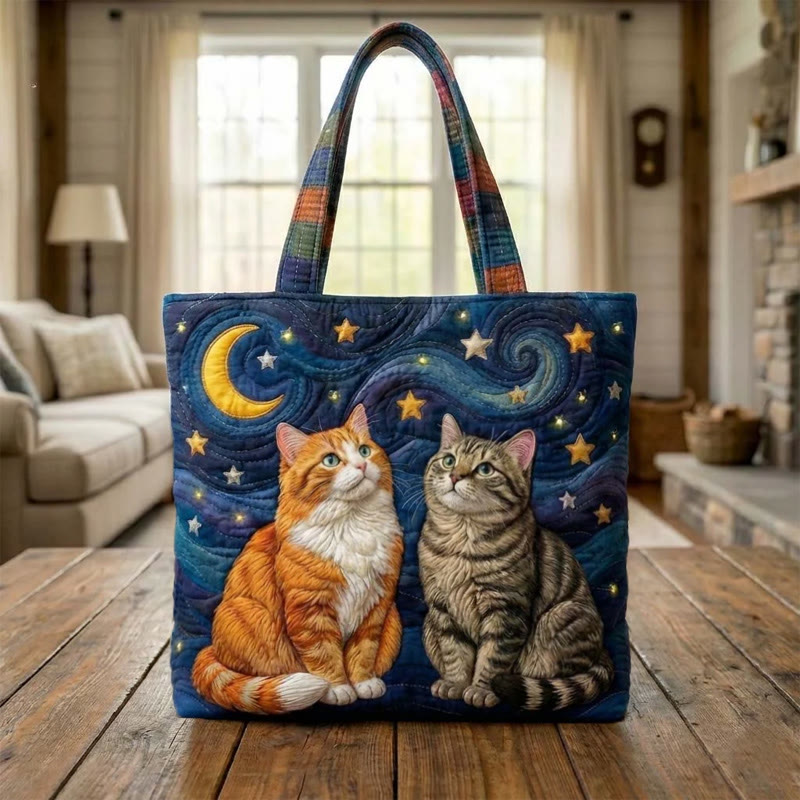Starry Sky And Cats Pattern Quilted Tote Bag - Multicolor - one size - image 1