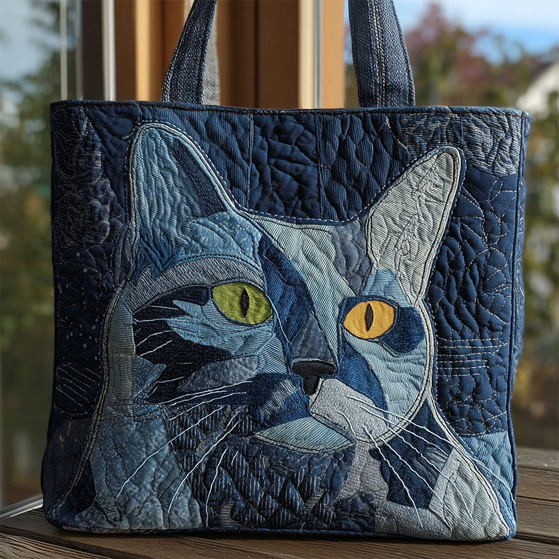 Hippie Color Block Patchwork Cat Pattern Quilted Tote Bag - Multicolor - one size - image 1