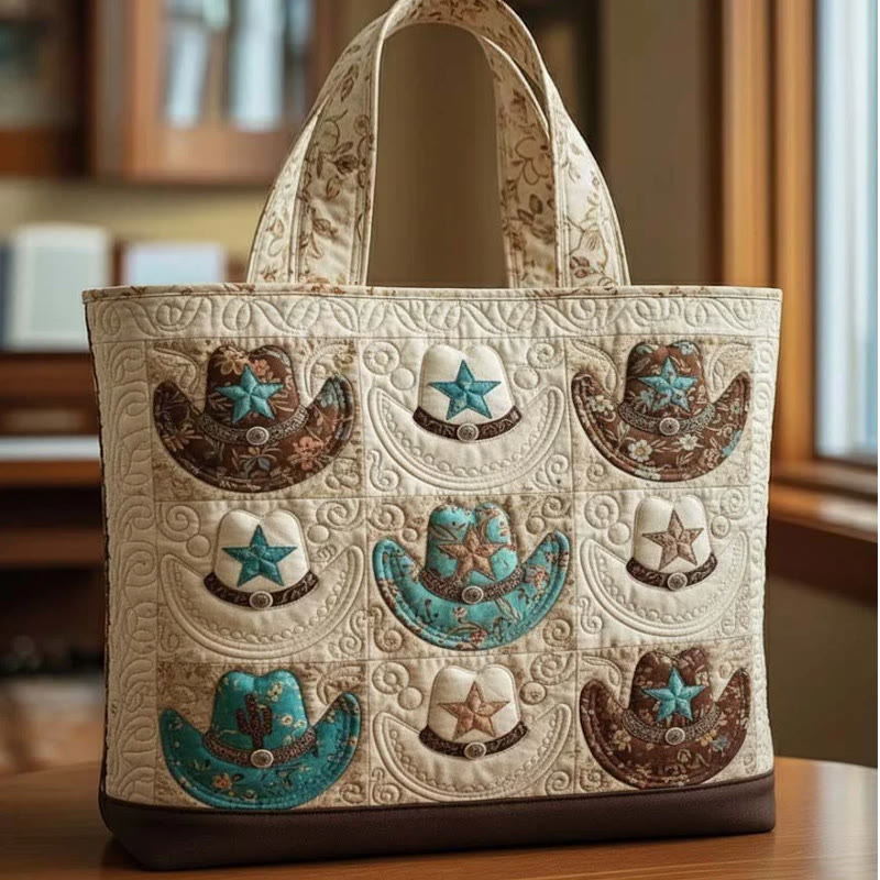 Western Hippie Cowboy Hat Pattern Quilted Tote Bag - White - one size - image 1