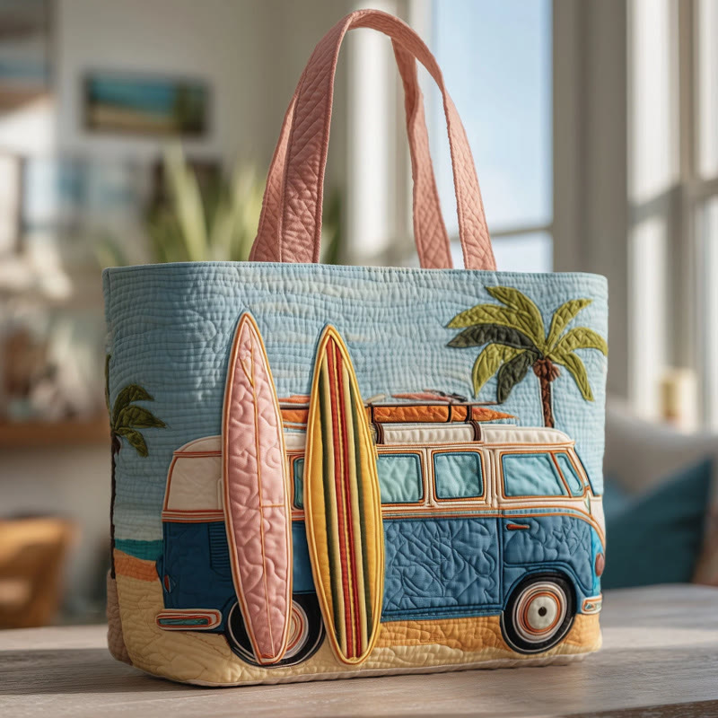 Beach Resort Surfboard Palm Pattern Quilted Tote Bag - Multicolor - one size - image 1