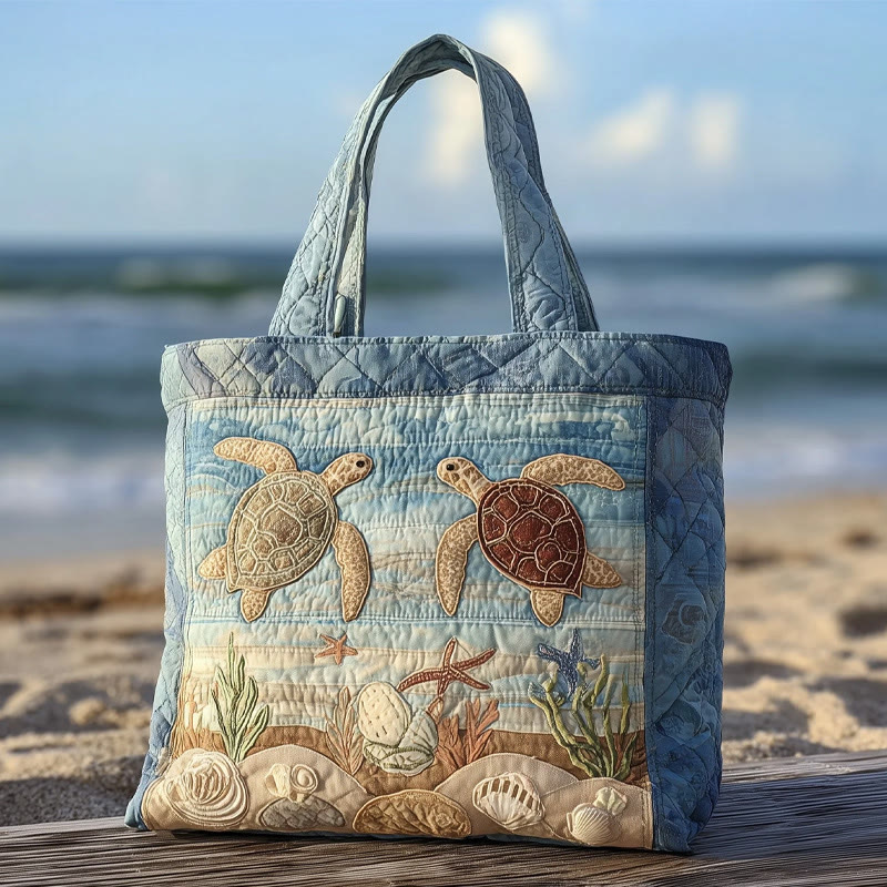 Turtle And Shell Beach Pattern Print Quilted Tote Bag - Multicolor - one size - image 1
