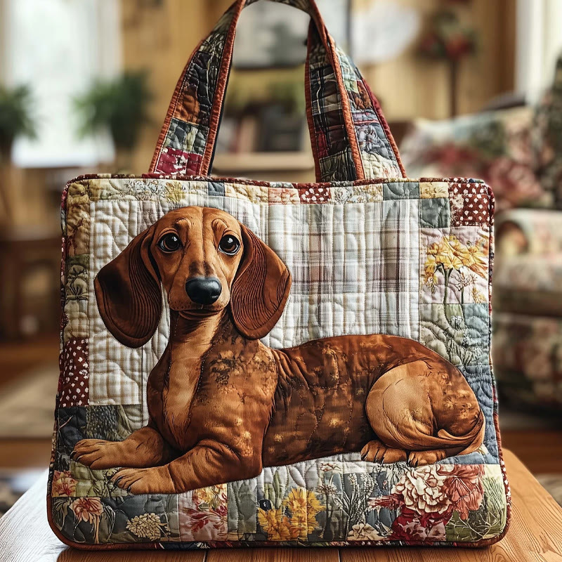 Floral Patchwork Dachshund Pattern Print Quilted Tote Bag - Multicolor - one size - image 1