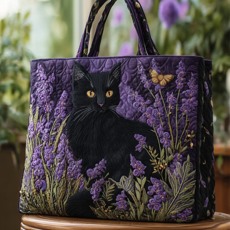 Black Cat In Lavender Pattern Print Quilted Tote Bag - Multicolor - one size - image 1