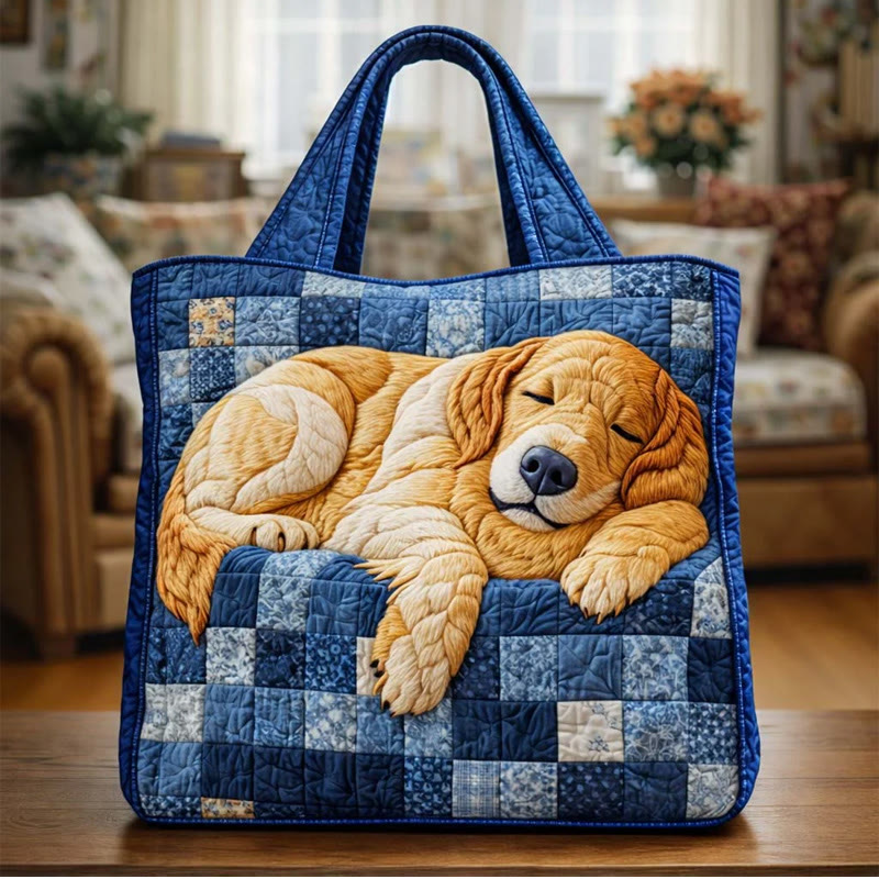 Checkered Patchwork Sleeping Puppy Pattern Print Quilted Tote Bag - Multicolor - one size - image 1