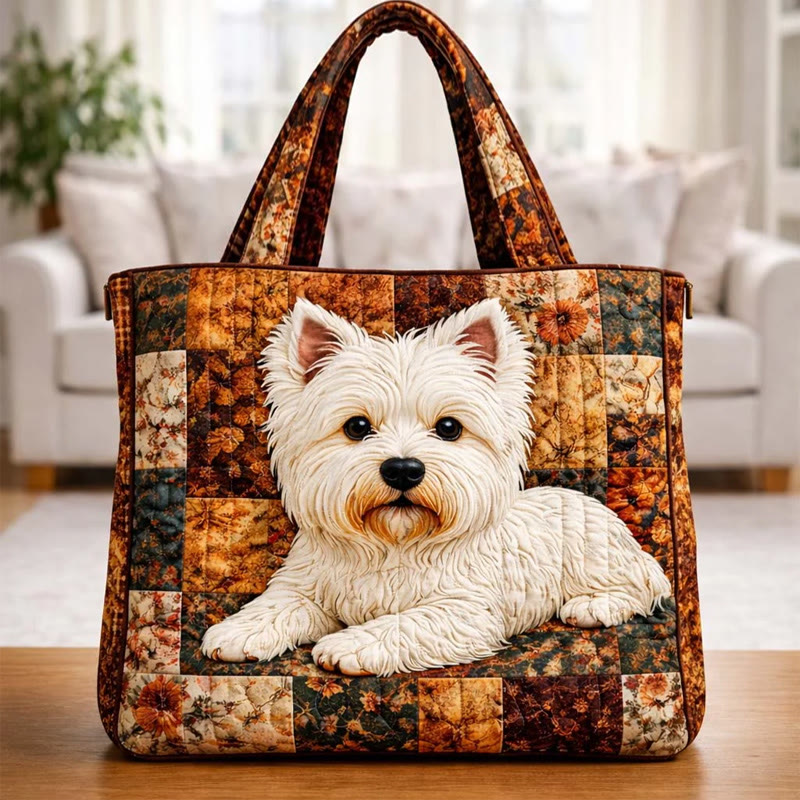 Retro Patchwork Puppy Pattern Print Quilted Tote Bag - Multicolor - one size - image 1