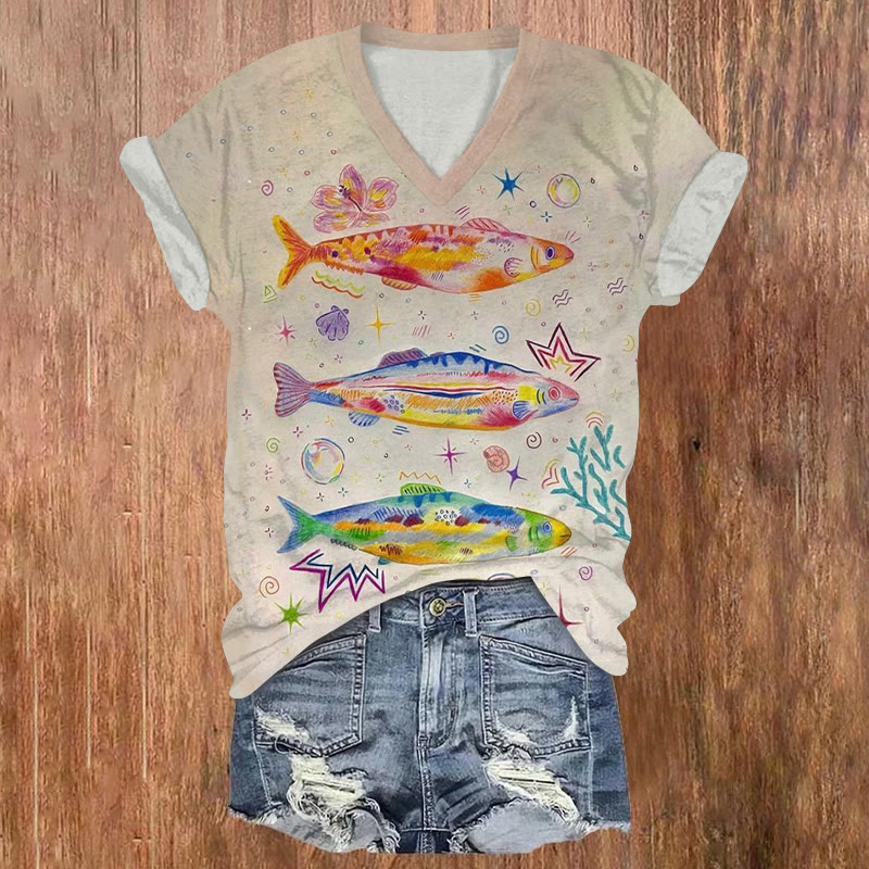 Ocean Colorful Fish  Pattern Print Short Sleeved V-Neck T-Shirt - Apricot - US32-34(5XL) - image 1