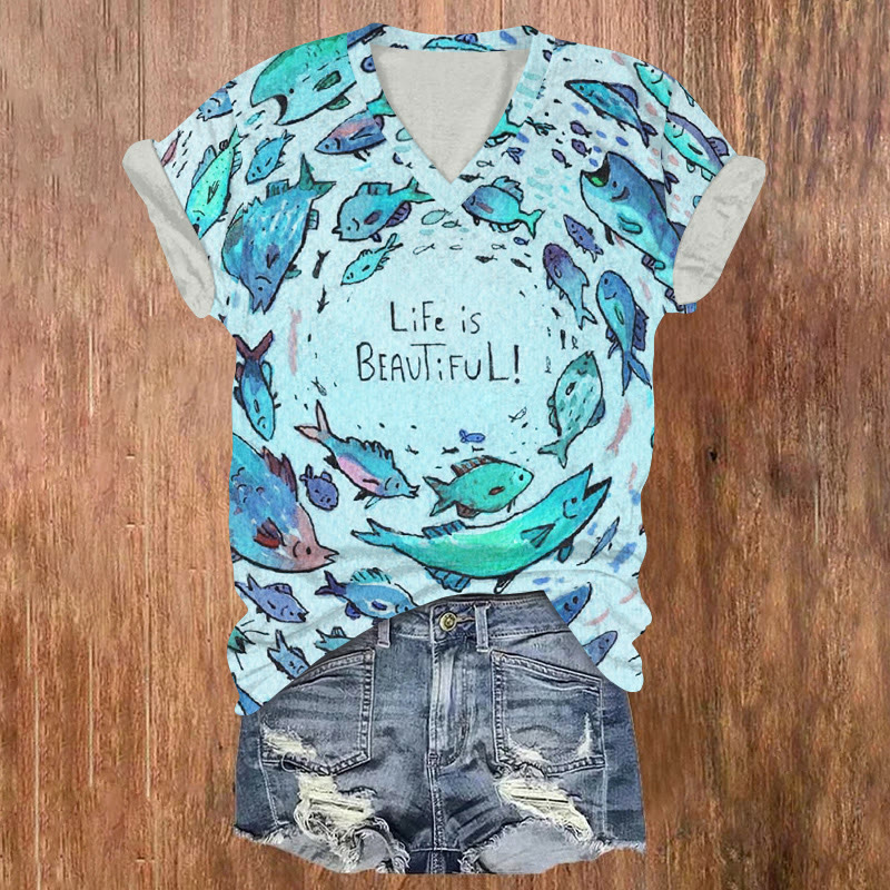 Ocean Fish Life Is Beautiful Pattern Print Short Sleeved V-neck T-shirt - Blue - US32-34(5XL) - image 2