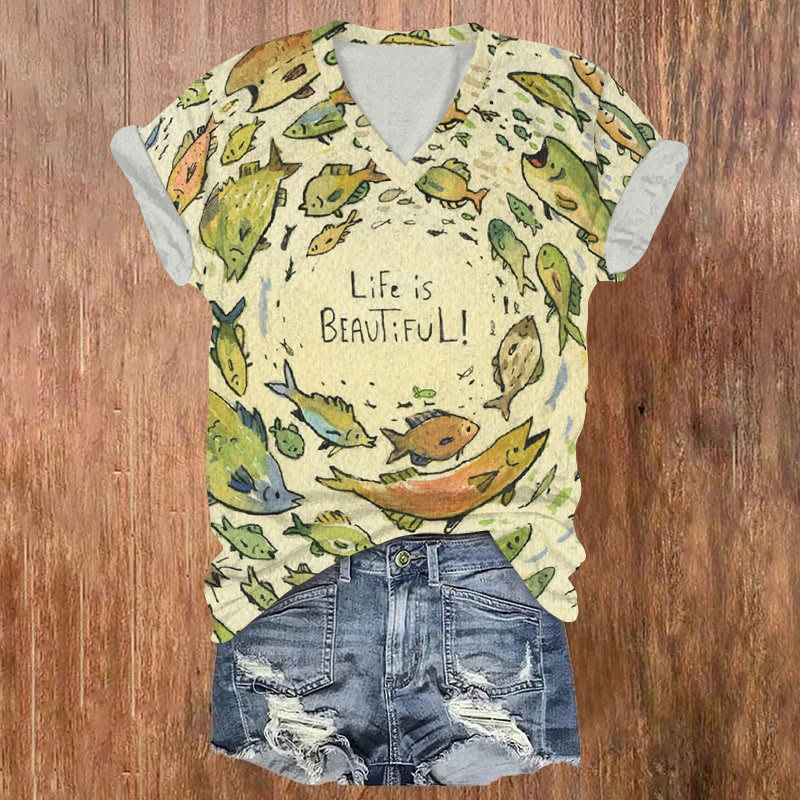 Ocean Fish Life Is Beautiful Pattern Print Short Sleeved V-neck T-shirt - Yellow - US32-34(5XL) - image 1