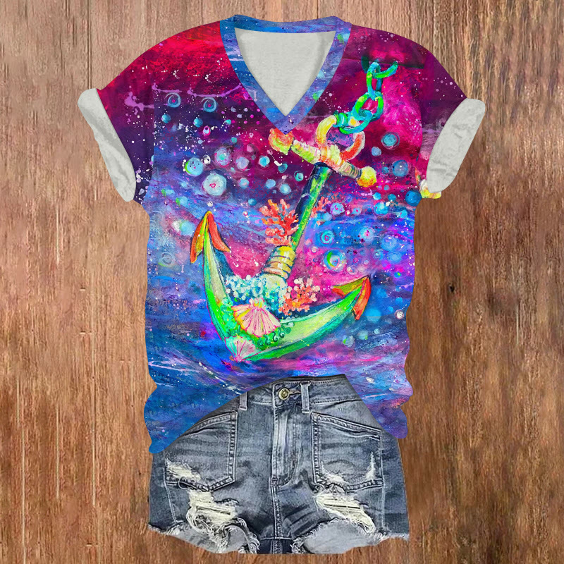 Ocean Art Anchor Pattern Print Short Sleeved V-neck T-shirt - Multicolor - US32-34(5XL) - image 1
