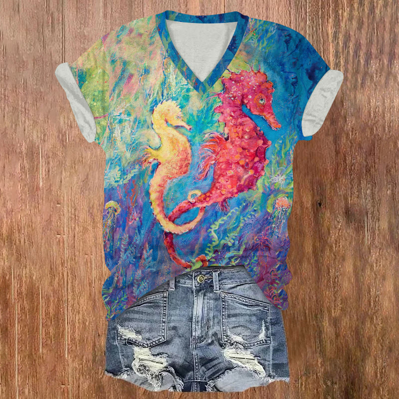 Ocean Art Colorful Seahorse Pattern Print Short Sleeved V-neck T-shirt - Multicolor - US32-34(5XL) - image 1
