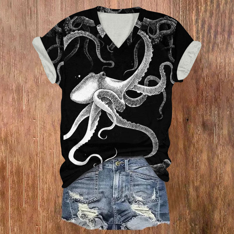 Ocean Sketch Octopus Pattern Print Short Sleeved V-neck T-shirt - Black - US32-34(5XL) - image 1