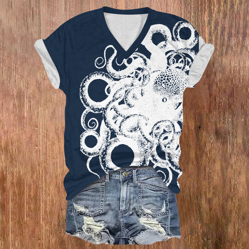 Ocean Sketch Angry Octopus Pattern Print Short Sleeved V-neck T-shirt - Blue - US32-34(5XL) - image 2