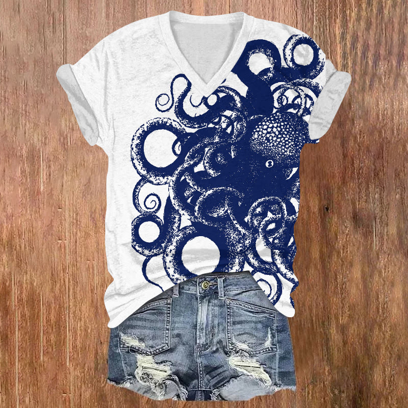 Ocean Sketch Angry Octopus Pattern Print Short Sleeved V-neck T-shirt - White - US32-34(5XL) - image 1