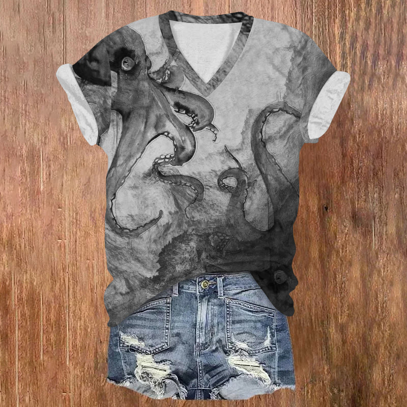 Ocean Octopus Ink Painting Art Pattern Print Short Sleeved V-neck T-shirt - Black - US32-34(5XL) - image 3