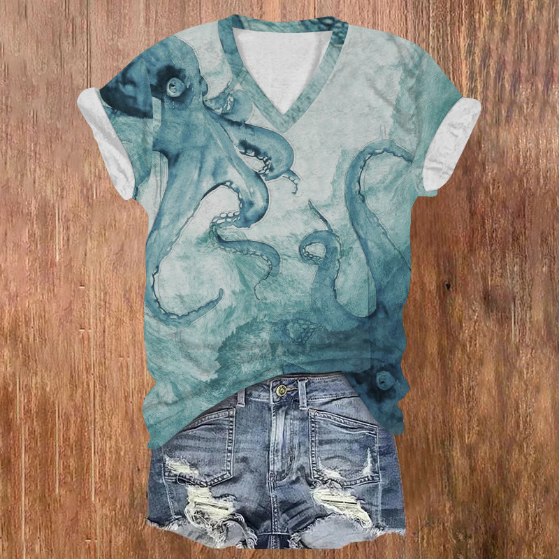 Ocean Octopus Ink Painting Art Pattern Print Short Sleeved V-neck T-shirt - Light Green - US32-34(5XL) - image 2