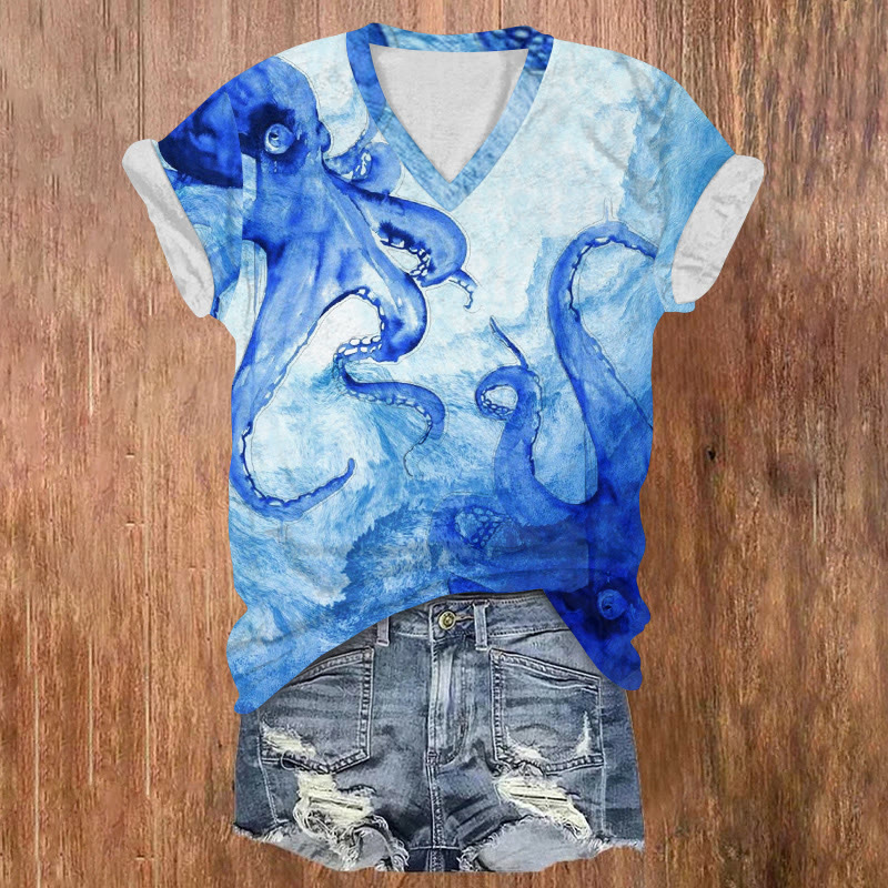 Ocean Octopus Ink Painting Art Pattern Print Short Sleeved V-neck T-shirt - Blue - US32-34(5XL) - image 1