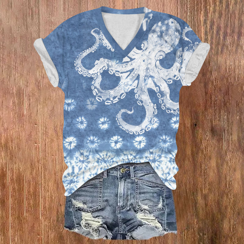 Ocean Octopus Tie-dye Snowflake Pattern Print Short Sleeved V-neck T-shirt - Light Blue - US32-34(5XL) - image 2