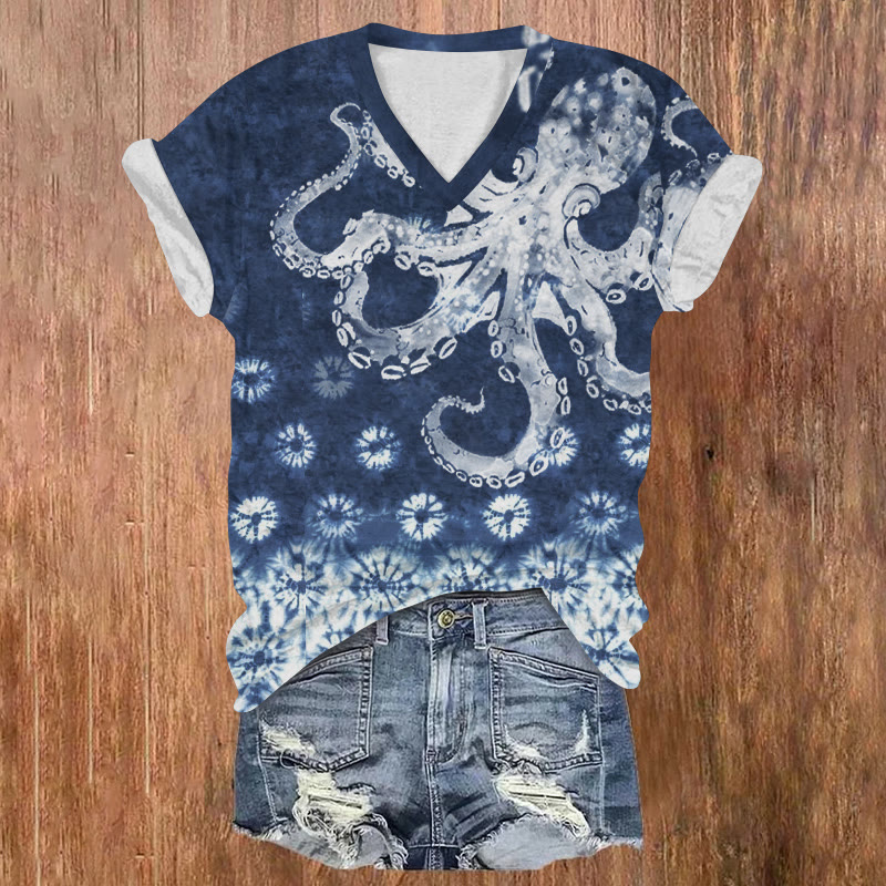 Ocean Octopus Tie-dye Snowflake Pattern Print Short Sleeved V-neck T-shirt - Blue - US32-34(5XL) - image 1