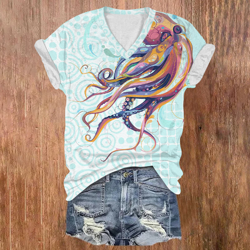 Ocean Geometric Octopus Pattern Print Short Sleeved V-neck T-shirt - Light Blue - US32-34(5XL) - image 1