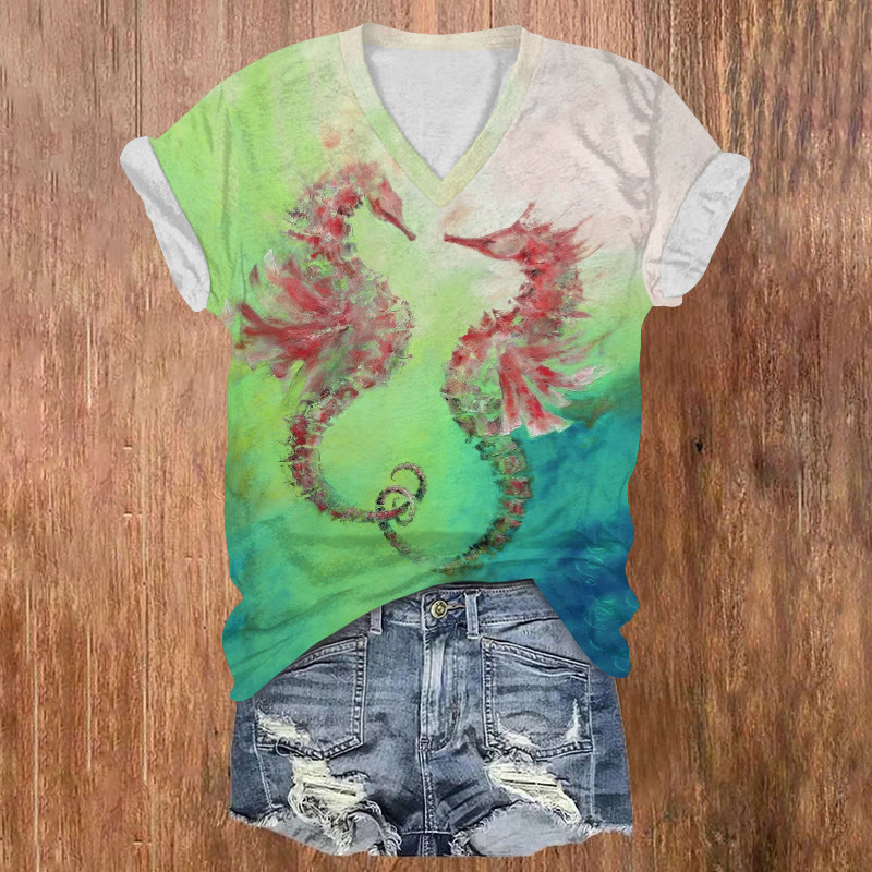 Ocean Watercolor Golden Seahorse  Pattern Print Short Sleeved V-neck T-shirt - Green - US32-34(5XL) - image 2