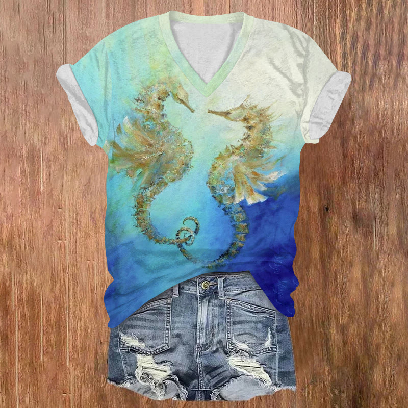Ocean Watercolor Golden Seahorse  Pattern Print Short Sleeved V-neck T-shirt - Blue - US32-34(5XL) - image 1